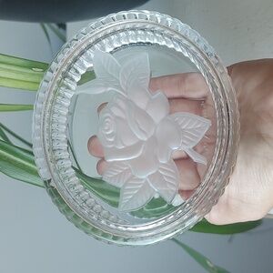 Clear Glass With‎ Frosted Rose Oval Ribbed Cut Trinket/Jewelry Dish With Lid